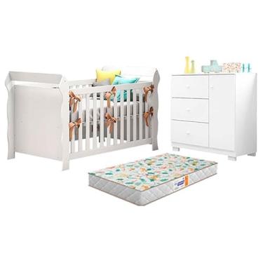 Imagem de Berço Americano Lara e Cômoda Infantil Duda Branco Brilho com Colchão Gazin - Phoenix Baby