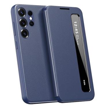 Imagem de LTLMYDAM Capa de couro para Samsung Galaxy S25 Ultra/S25 Plus/S25, Smart Wake Flip View Business Case Capa de proteção de lente de janela lateral, azul, S25 Ultra