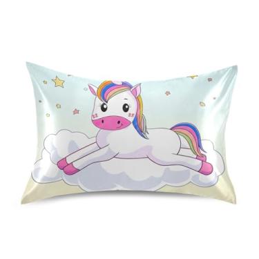 Imagem de Fronhas de cetim engraçadas refrescantes personalizadas padrão king queen fronha presentes decoração de cama tamanho queen 76.2 cm x 50.8 cm bonito desenho animado unicórnio estrela branca