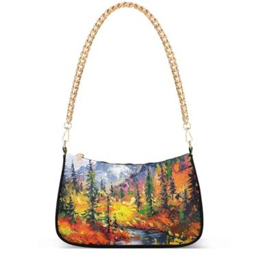 Imagem de Bolsas femininas de inverno com pintura de trem da vila fofas pequenas bolsas femininas bolsas femininas com corrente de ombro bolsas de ombro festa, Pintura de cenário, árvores, montanha
