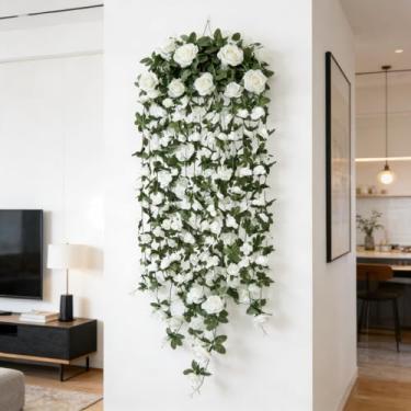 Imagem de Guirlanda de flores artificiais 90,5 polegadas/230 cm - videiras florais de rosas falsas, guirlanda floral de seda para pendurar em arco de casamento, quarto, parede de casa, pano de fundo, decoração