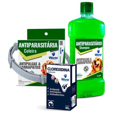 Imagem de Combo Anti Pulgas E Carrapatos Shampoo Coleira Sabonete P/cães World D