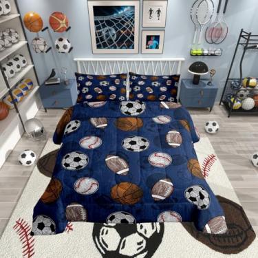 Imagem de Erosebridal Conjunto de edredom de futebol, tamanho casal, para meninos, basquete, beisebol, futebol, softball, rúgbi, bola, esportes, jogos, edredom com enchimento, azul escuro