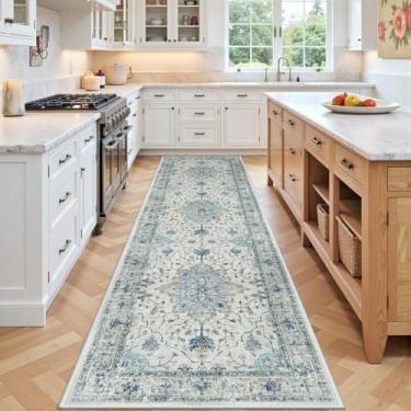 Imagem de RELEANY Tapetes de área 9,5 x 2,5 m, lavável, antiderrapante, floral, vintage, estampa de angústia, tapete medalhão para sala de estar, quarto, sala de jantar, azul claro, azul-marinho, bege, cinza