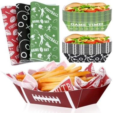 Imagem de Yinkin 200 peças de suprimentos de festa de futebol, 100 bandejas de papel para comida e 100 forros de graxa, bandejas descartáveis de 900 g, tigelas de futebol, pratos de servir para esportes, porta