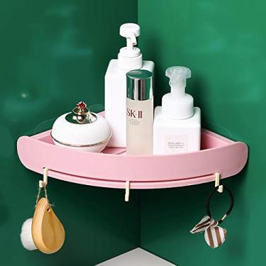 Imagem de Suporte de canto de parede para banheiro, prateleira de chuveiro, cesta de chuveiro com ganchos, organizador de armazenamento triangular adesivo de cozinha, rosa