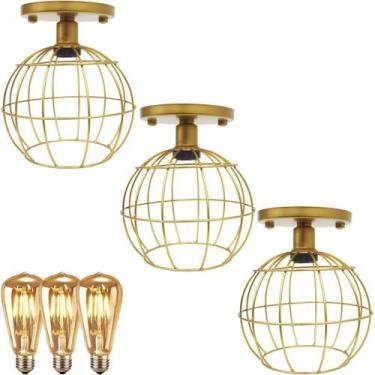 Imagem de 3 Lustre Teto Plafon + 3 Lâmpada Led St64 Industrial Aramado Globo Ret