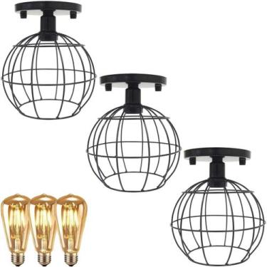 Imagem de 3 Lustre Teto Plafon + 3 Lâmpada Led St64 Industrial Aramado Globo Ret