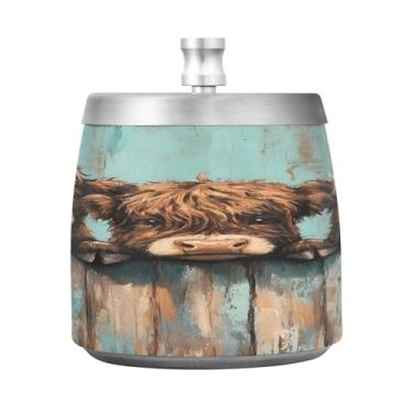 Imagem de STAYTOP Cinzeiro bonito de vaca Highland com tampa, aço inoxidável à prova de vento, sem fumaça, cinzeiro grande para uso ao ar livre para decoração de escritório em casa