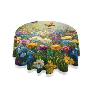 Imagem de Qilmy Toalha de mesa redonda de palmeira de treliça verde, 152 cm, resistente à água, à prova de derramamento, capa de mesa grande para jantar de reunião de família em ambientes internos e externos