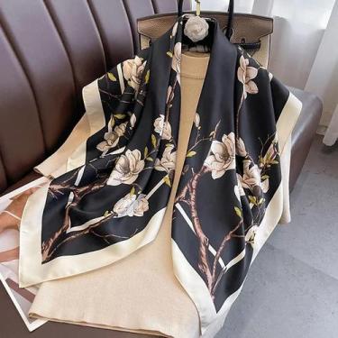 Imagem de Lenço Feminino Estampado Floral Grande 90cm De Seda Sintética, Xale Fi