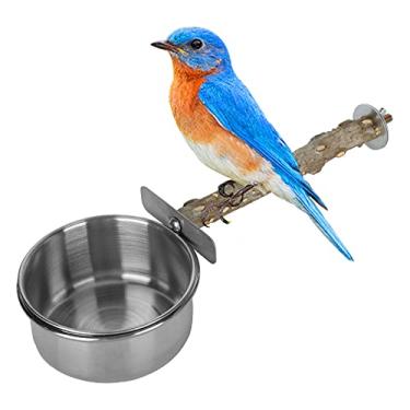 Imagem de Poleiro de pássaros de madeira com copos de alimentação de pássaros de aço inoxidável papagaio comida tigela de água alimentador de pratos para calopsita conure Budgies periquito (G)