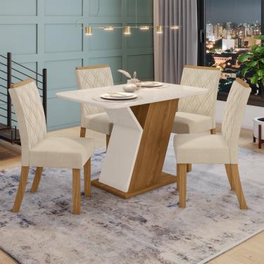 Imagem de Conjunto Sala de Jantar Tampo MDF com Vidro Canto Arredondado 120 Cm 04 Cadeiras Lupita Casa 812 - Nature com Off White e Linho
