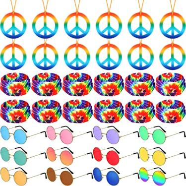 Imagem de 36 peças de acessórios hippie com colar de 12 sinais de paz, 12 faixas de cabeça hippie tie dye e 12 óculos hippie, conjunto de fantasia hippie colorido arco-íris para mulheres homens acessórios de festa