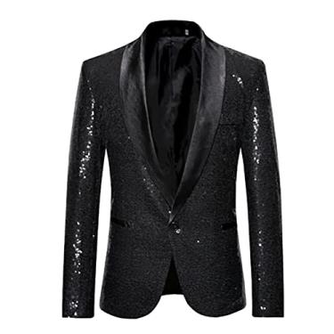 Imagem de Blazer Slim-Fit lantejoulas Glitter Terno Jaqueta Masculina Boate Baile Casaco de Formatura Roupas de Palco para Cantores Um Botão Tops de Festa de Casamento, Preto, G (Busto: 112 cm)