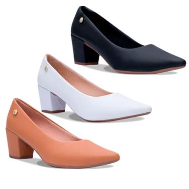 Imagem de Kit 3 Sapato Scarpin Feminino Salto Baixo Bloco Bico Fino R2.11/R2.12 (Nude/Branco/Preto Sintético, BR, Adulto, Numérico, M, 39)
