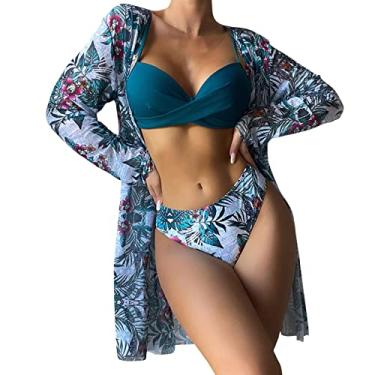 Imagem de Biquínis femininos de cintura alta 2024 sexy conjunto de biquíni 3 peças saída de praia para mulheres com estampa floral frente única, C, M