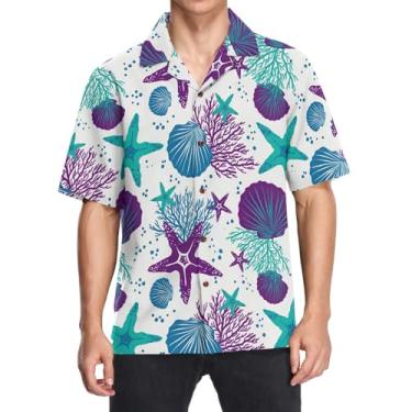 Imagem de CHIFIGNO Camisa havaiana masculina, camisa estampada de botão folgada, casual, férias tropicais, camisa de manga curta, Coral colorido desenhado à mão, G