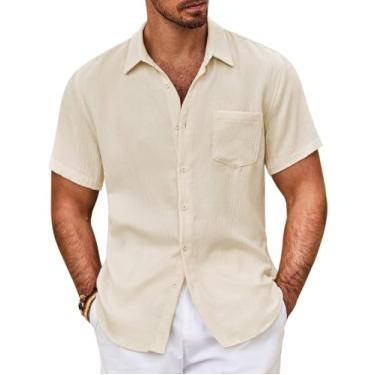 Imagem de COOFANDY Camisa masculina de manga curta de botão casual camisas texturizadas de praia de verão com bolso, Bege, M