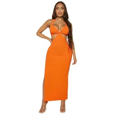 Imagem de Camisa Feminina Cut Out Waist Split Thigh Halter Neck Backless Dress (Color : Orange, Size : M)