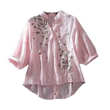 Imagem de Camisa de algodão literária feminina bordada flores blusas femininas gola V meia manga renda blusas verão fina camisa feminina, Pacote 86, P
