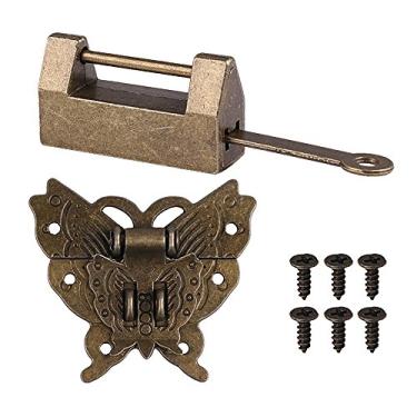 Imagem de Conjunto de fechaduras chinesas antigas com chave e ferrolho de trinco, caixa de presente de joias vintage, conjunto de trava decorativa de cadeado para caixa de madeira, cadeado pequeno
