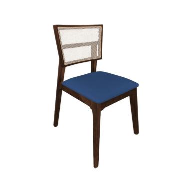 Imagem de Cadeira De Jantar Manuela Em Tela Assento Veludo Azul Base Em Madeira Maciça - Natural