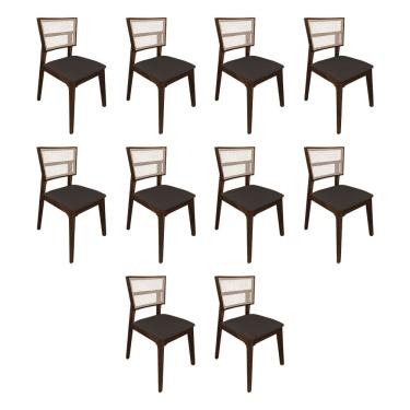 Imagem de Kit 10 Cadeiras De Jantar Manuela Em Tela Assento Veludo Marrom Base Em Madeira Maciça - Natural