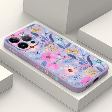 Imagem de LEECG Capa para iPhone 12 Pro Max, capa de telefone de borracha de silicone líquida fina e fina para iPhone 12 Pro Max 6,7 polegadas - flor roxa