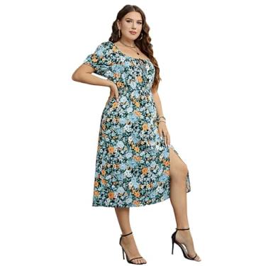 Imagem de Vestido Plus Size Estampado Nó Frente Manga Bufante Feminino Verão Boho Chic Férias Cintura Elástica Doce Dividir Vestidos Longos type1