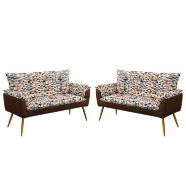 Imagem de Kit 2 Poltronas Namoradeira Beta Suede Estampado Laranja com Marrom Ar