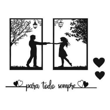 Imagem de Kit 2 Quadros Casal + Frase Para Todo Sempre Mdf Vazado Cor Preto Cor 