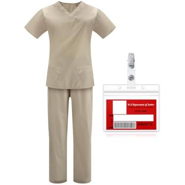 Imagem de Haysandy Fantasia feminina de prisioneiro de Halloween com crachá de nome de prisão acessório adulto personagem de TV roupa de condenado fugiu festa de presidiário (Cáqui, grande)