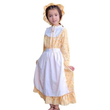 Imagem de Vestido colonial de Halloween para meninas, pradaria, pioneiro, floral, manga comprida, 1800, vestidos de peregrino com avental e gorro, Amarelo, 10-11 Anos