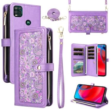 Imagem de Dswteny Capa carteira floral para Moto G Stylus 5G 2021 com alça de ombro, zíper de couro PU flip suporte para cartão de crédito capa para celular Motorola GStylus G5 XT2131DL mulheres homens roxo