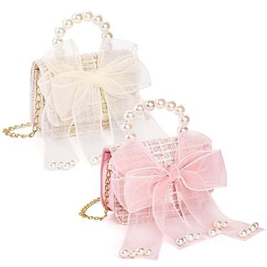 Imagem de Mezchi Pacote com 2 bolsas para meninas, mini bolsa tiracolo infantil com laço, lindas bolsas de princesa modernas com alça de pérola, corrente dourada destacável