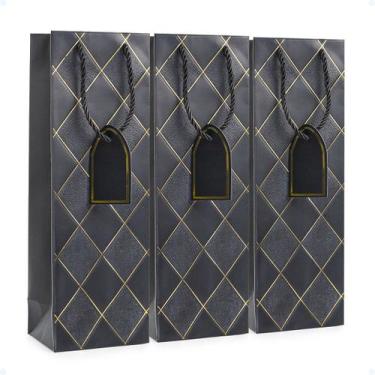 Imagem de Sacola De Vinho Garrafa Presente De Papel Reforçada 3 Uni - Hxt, Preto