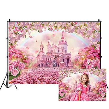 Imagem de DORCEV Pano de fundo para fotografia de castelo sonhador rosa de 4,6 x 3 m para crianças, meninas, decoração de festa de aniversário, banner, primavera, romântico, floral, arco-íris, flor, estrada,