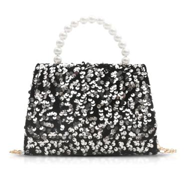 Imagem de QTKJ Bolsa de noite para mulheres, alças de pérolas de lantejoulas, bolsa transversal para casamento, formatura, festas, viagens (prata), Prata, One Size