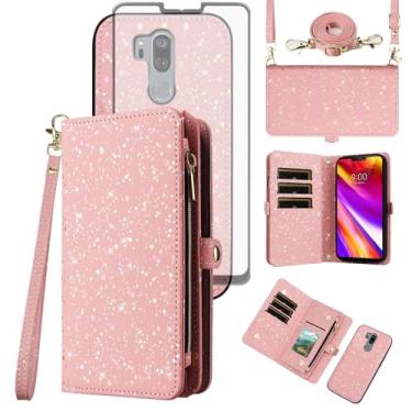 Imagem de Capa de telefone para LG G7 ThinQ Carteira com zíper magnético destacável com protetor de tela e suporte de cartão com glitter celular LGG7 One G 7 Plus LG7 Fit LG7ThinQ 7G Thin Q G7+ G7thinq