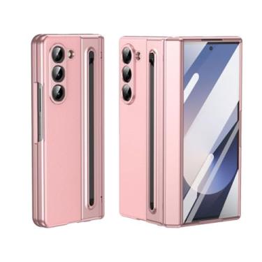 Imagem de CMYFUTNG Capa para Samsung Galaxy Z Fold 5 com caneta de escrita compacta integrada, textura de couro, proteção de dobradiça, carregamento sem fio, capa de telefone fina S Pen rosa 23-Z Fold5-03