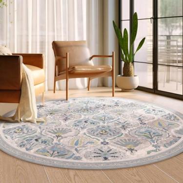 Imagem de Ashler Tapete redondo tropical vintage e boho - design floral, ultrafino, marroquino de pelo baixo, lavável na máquina - azul nevoeiro/cinza claro/roxo - adequado para entrada e cozinha