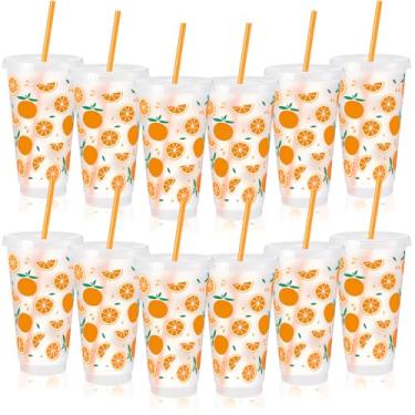 Imagem de SiliFine 12 copos de plástico laranja pequenos fofos 680 g copo laranja reutilizável com tampa e palha decorações de festa laranja presentes para verão frutas laranja lembrancinhas de festa