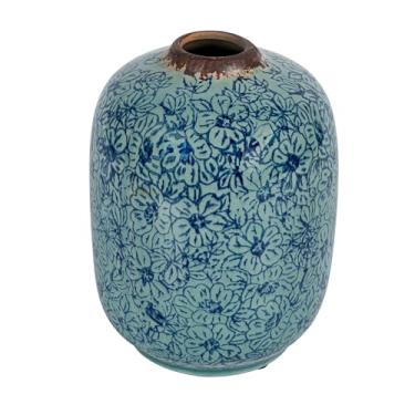 Imagem de Creative Co-Op Vaso decorativo redondo de terracota com padrão floral com acabamento envelhecido, azul
