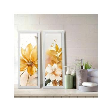 Imagem de Kit 2 Quadros Decorativos Banheiro Lavabo Flor Dourada Elegance - NoBr