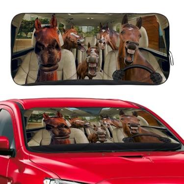 Imagem de Guarda-sol engraçado família cavalo para-brisa para carro, SUV, caminhão, refletor de raios UV dobrável, janela frontal, para-sol, viseira - 149,9 cm x 78,7 cm