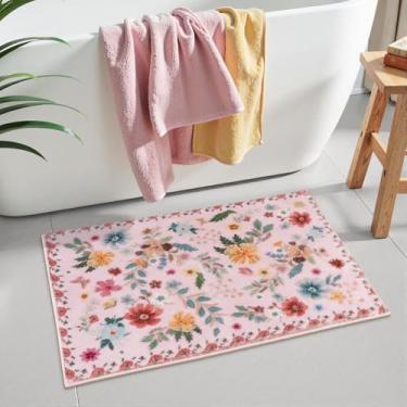 Imagem de Uphome Tapetes de banheiro rosa, tapete de banho floral boho fofo de pelúcia macio lavável à máquina, tapetes de banho modernos coloridos antiderrapantes para banheiro, banheira, pia, vaso sanitário