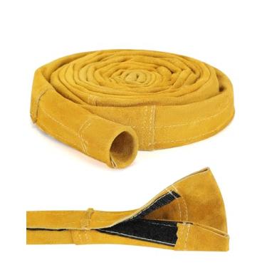 Imagem de Holulo Capa de cabo de tocha de soldagem TIG, capa de couro resistente a chamas, costura Kevlar, mangas de soldagem amarelas para cabos MIG/Plasma (comprimento de 3 metros)