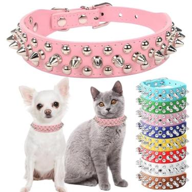 Imagem de Coleira rosa para cães com espigões, coleiras para filhotes de cachorro de couro, cogumelos, rebites, fêmeas, cravejadas, para gatos ajustáveis para cães PPP XS médio e grande, M