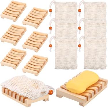 Imagem de Mumufy Conjunto De 12 Saboneteiras Madeira E Bolsa Esfoliante 4,5 X 3,35 0,87" Bandeja Autodrenante Para Banheiro, Chuveiro Viagem (Cor Madeira, Madeira)